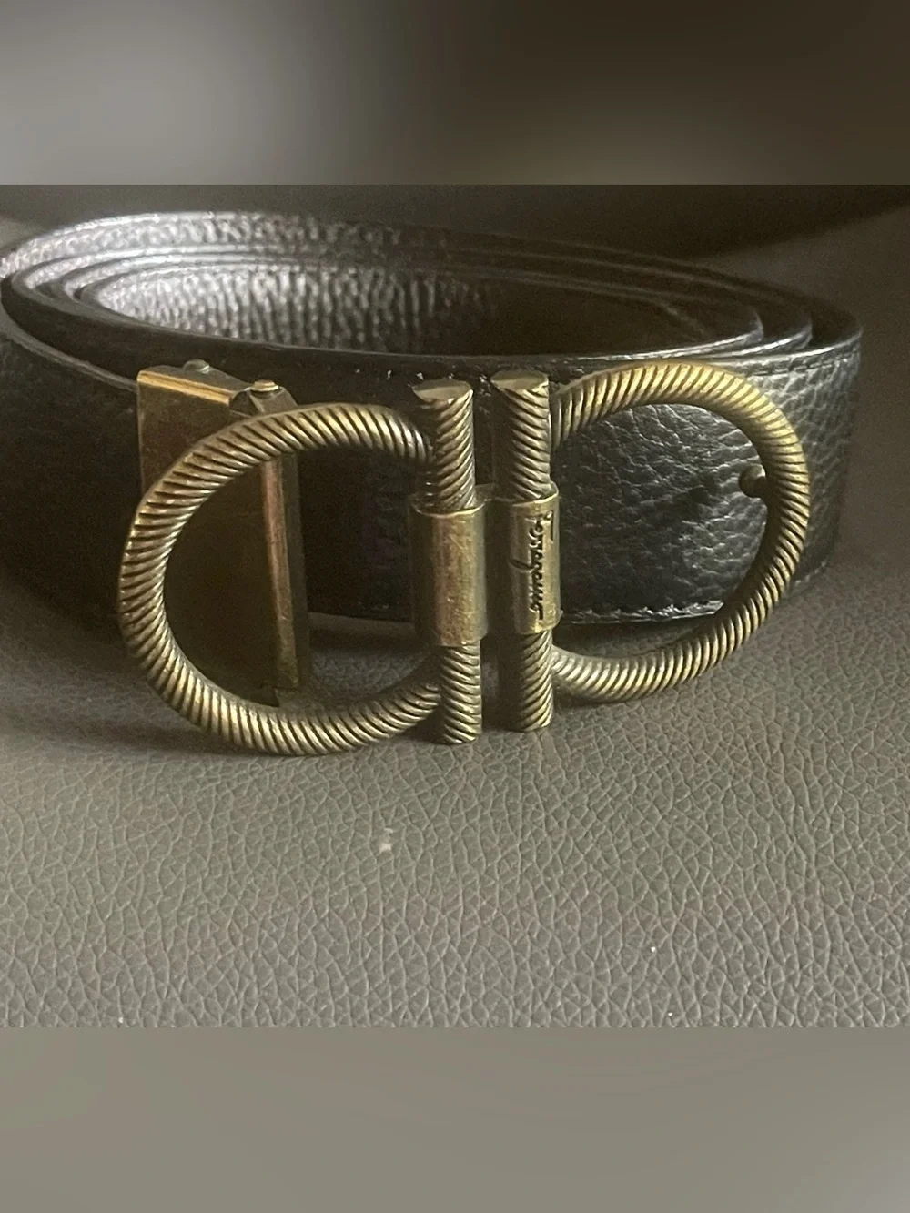 Classic Black Leather Belt with Antique Gold Double Gancini Buckle